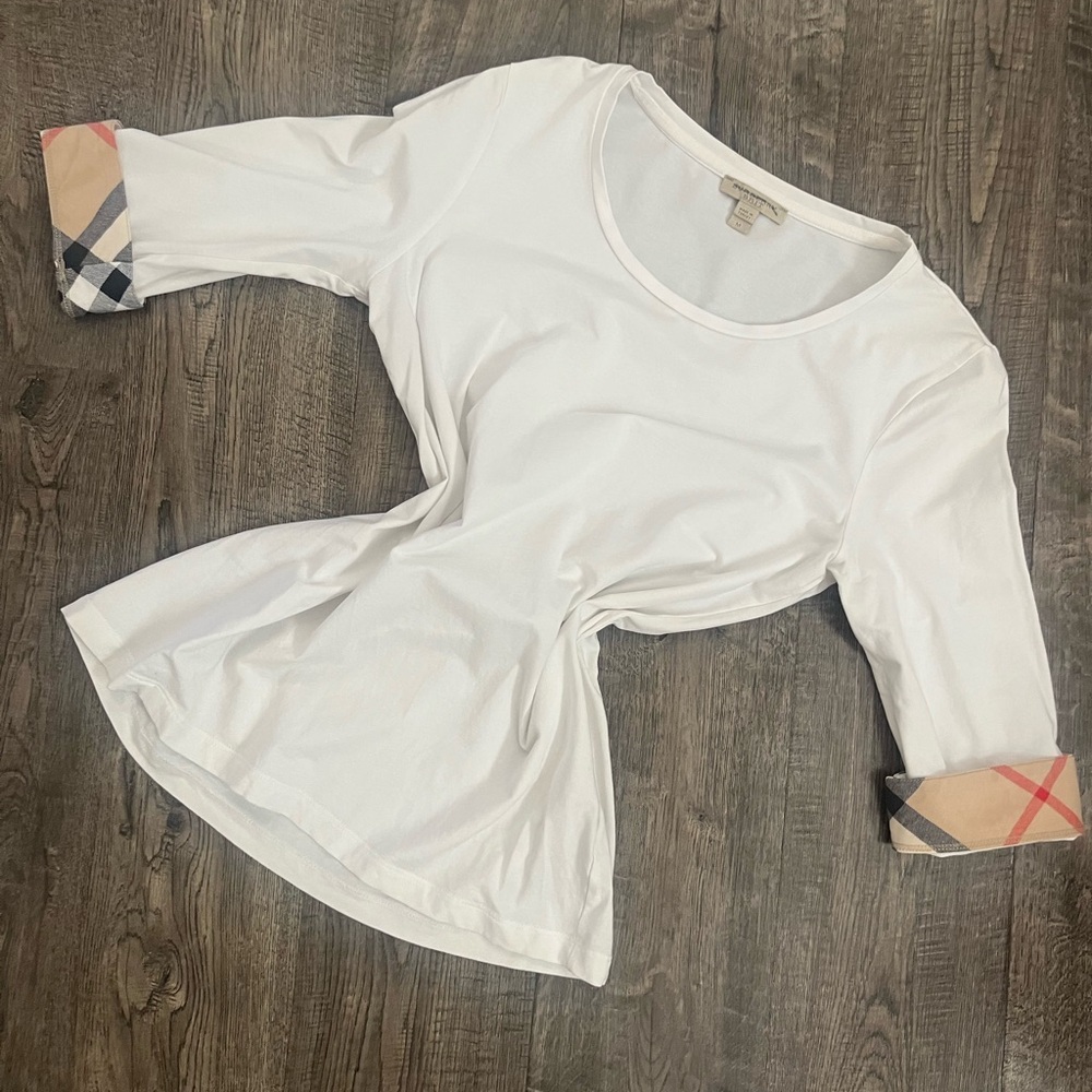 Burberry White Short Sleeve Tee with Check Cuffs